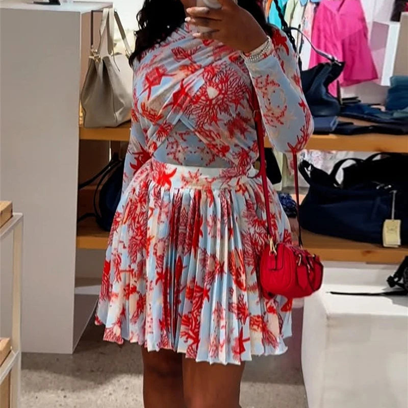 New African Fashion Women Dress set Leaf Print Long Sleeve O-neck Wrap Front Pleated Dress Vacation Party Birthday Dresses